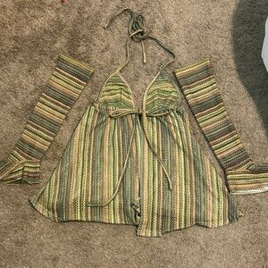 Striped Green Halter Knit Top with Detachable Sleeves